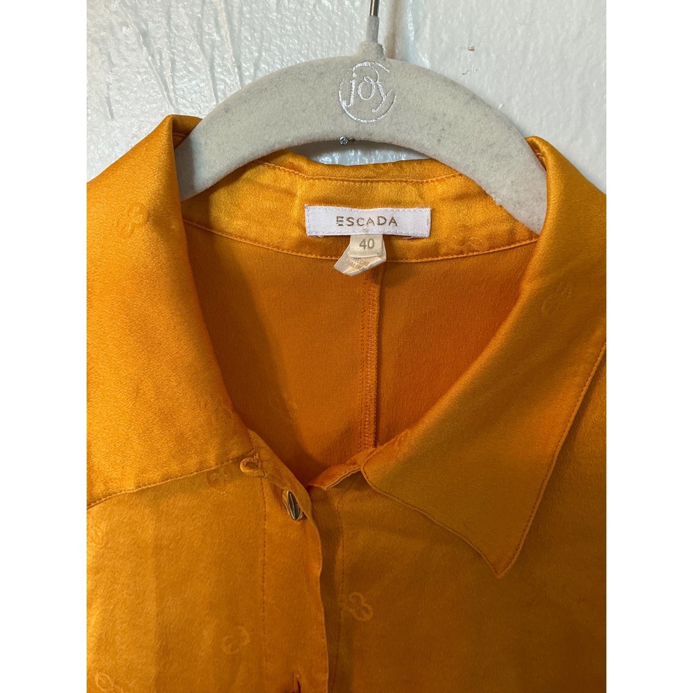 Escada Silk Jacquard Logo Blouse Golden Yellow Short Sleeve Button Up Top Sz 40